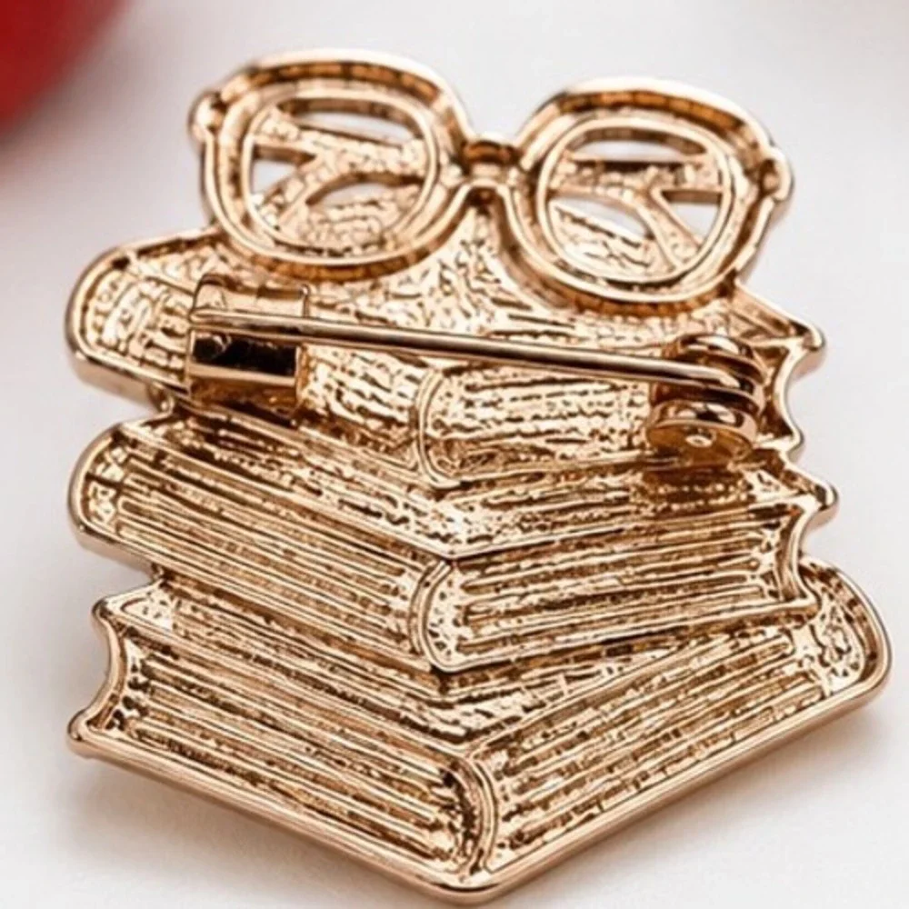 Teachers Book Stack Glasses Enamel Brooch Rhinestone Librarian Pin Gold Tone
